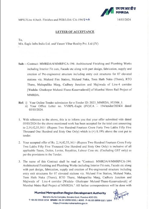 Letter of Acceptance (LoA) to Eagle Infra India Ltd